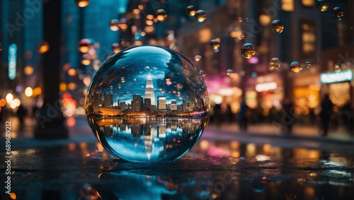 breathtaking view of a city skyline captured inside perfectly spherical bubble