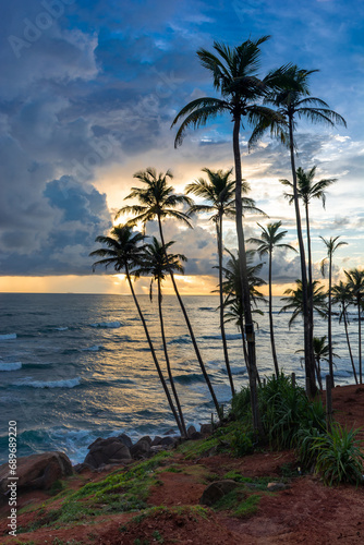 Beautiful sunset on the Indian Ocean coast on the island of Sri Lanka, Mirissa.
