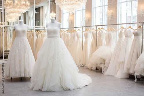 Elegant wedding dresses on mannequins in a luxurious bridal boutique, showcasing style and beauty.