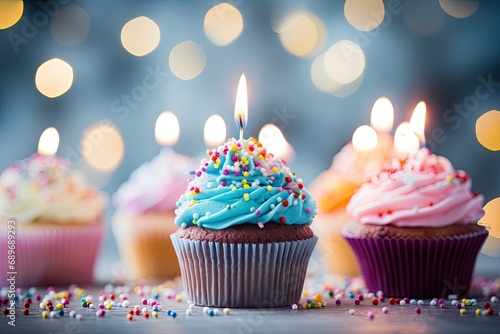 Delicious cupcakes with colorful frosting, a burning candle, and festive decorations on a bright background.