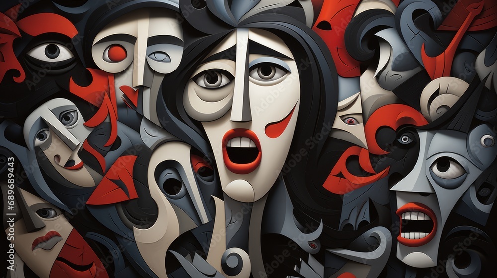 A vibrant masquerade of art and rebellion, as painted mouths open in unison to reveal the raw beauty of graffiti-inspired expression