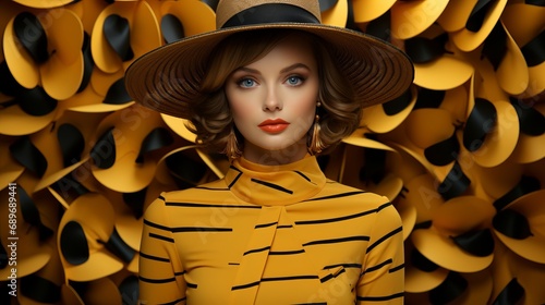 A vivacious woman donning a sunny yellow dress and matching hat exudes confidence and charm, resembling a stylish doll brought to life through her fashion choices photo