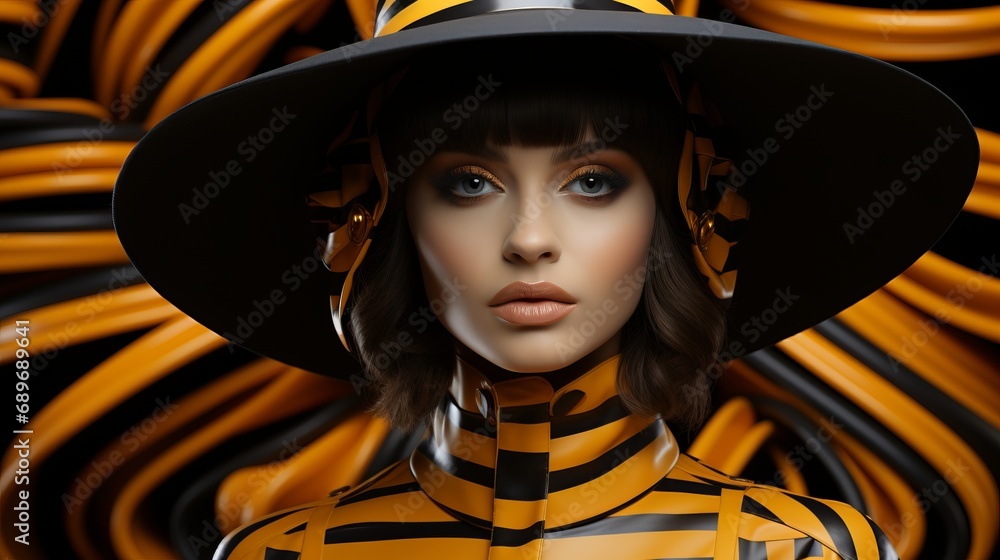 A vibrant woman donning a bold black and yellow striped ensemble, complete with a whimsical headdress and cartoon-like hat, stands confidently indoors