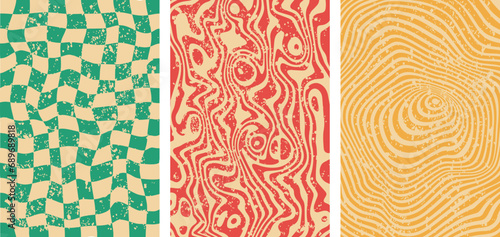 Set of three vector groovy background 60s, 70s retro style. Trendy abstract hippie grunge patterns with psychedelic waves
