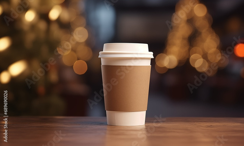 A paper coffee cup mockup on a wooden table on a blurred background of Christmas lights. Mock-up for design. Blank template.