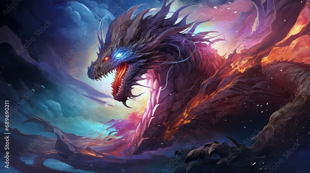 The legendary dragon that is both ferocious and dark blue - obrazy, fototapety, plakaty 