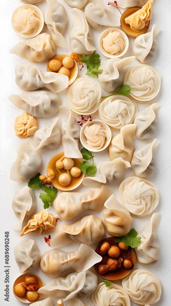 An image that highlights the close-up details of a variety of dumplings against a clean white backdrop, background image, generative AI