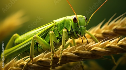 Green locust nibbles wheat spikelet, macro, selective focus. photo