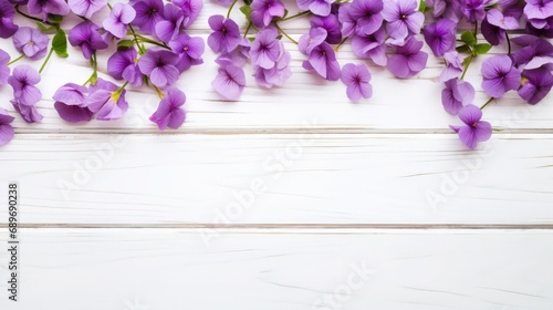 Upper border of beautiful small lilac flowers on wooden white background  copy space.