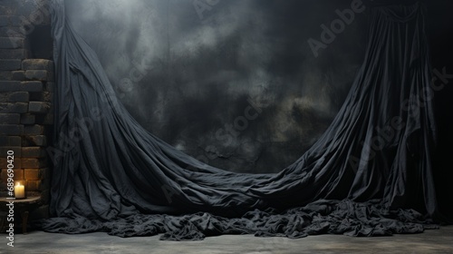 The ethereal fog enveloped the image, shrouding it in mystery as it rested on the dark ground beneath the draping black fabric photo