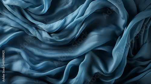 An intricate blend of swirling threads, this abstract blue fabric evokes a sense of texture and movement, enticing the viewer to envision it as a statement piece in their wardrobe