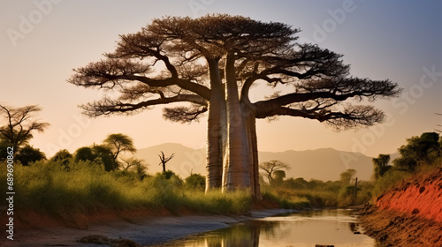 Baobab tree in the sunset created with Generative AI technology