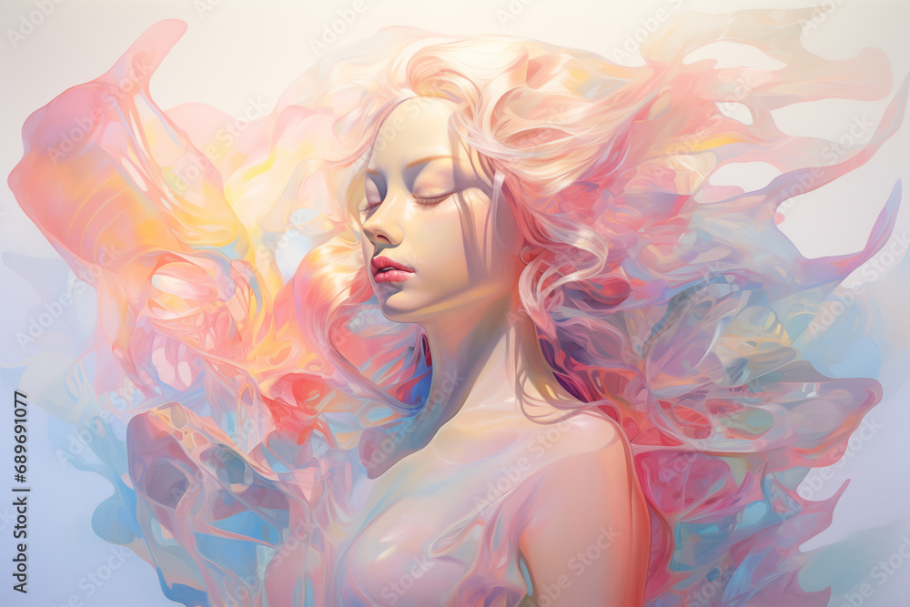 Beautiful young woman closes her eyes with pastel hologram style colors.