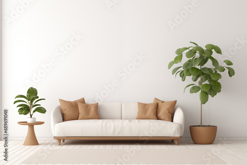 A simple white living room with a sofa and decorative plants.