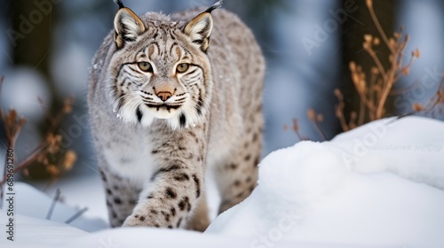 A glimpse of a untamed bobcat in the snow during winter. © Tahir