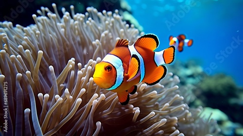 A colorful reef is home to vibrant clown fish.