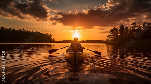A backlit adventure is taking place during sunset for two men who are canoeing.
