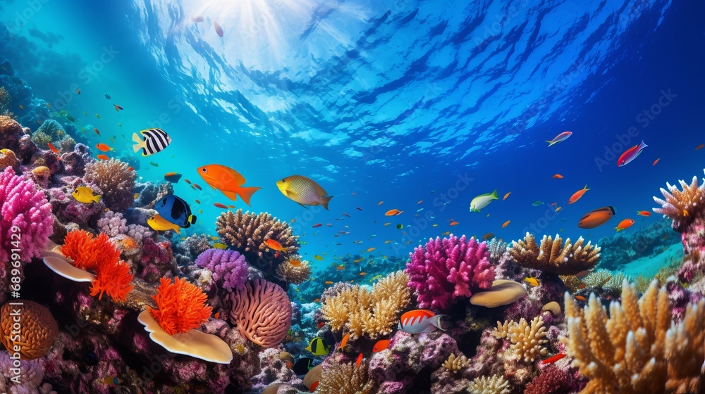 Obraz premium A stunning reef is the setting for a vibrant school of fish.