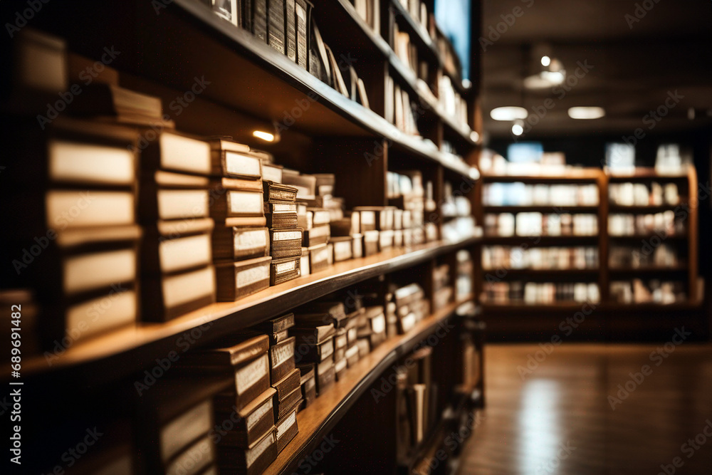 Book Shop. Library with books. Books in a bookstore. Book shelves. Selective focus. AI generated
