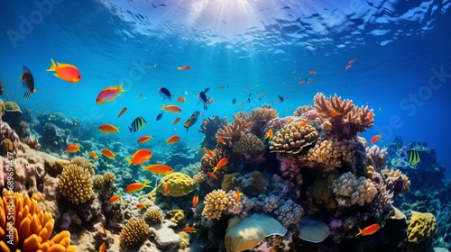 A stunning reef is the setting for a vibrant school of fish. © Tahir