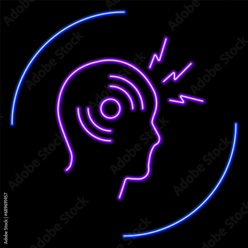 migraine neon sign, modern glowing banner design, colorful modern design trends on black background. Vector illustration.