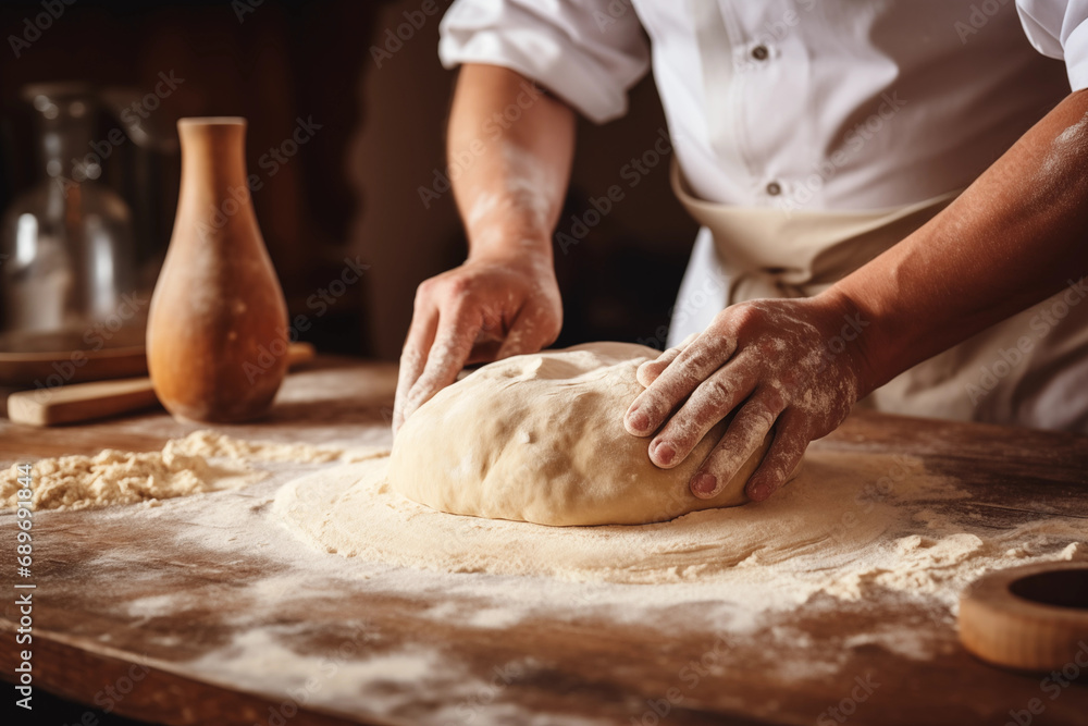 A baker kneading dough for sourdough bread, with space for messages on the beauty of fermentation