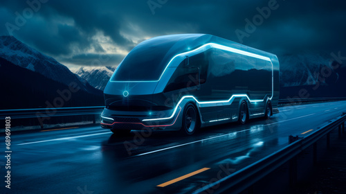 Futuristic electric autonomous truck on the mountains road, concept for future logistic transport. photo