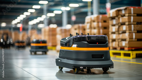 Automated Modern Retail Warehouse AGV Robots for Transporting Cardboard Boxes in Distribution Logistics Center.