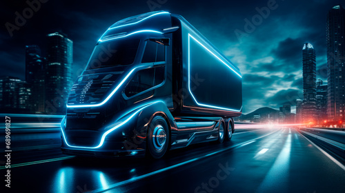 Futuristic electric autonomous truck on the modern city road photo