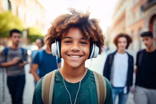 Genuine photo of cheerful adolescent male with orthodontics sporting earbuds gazing at viewer while surrounded by companions on city street, showcasing upbeat vibe and warm-weather theme.