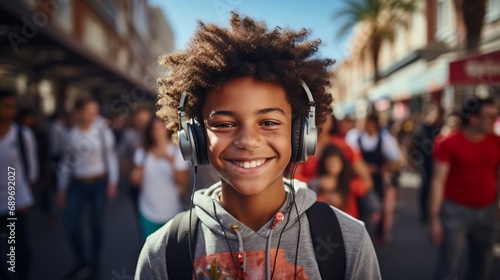 Genuine photo of cheerful adolescent boy with braces listening to music, posing on street with friends in background. Optimistic lifestyle, summertime theme.