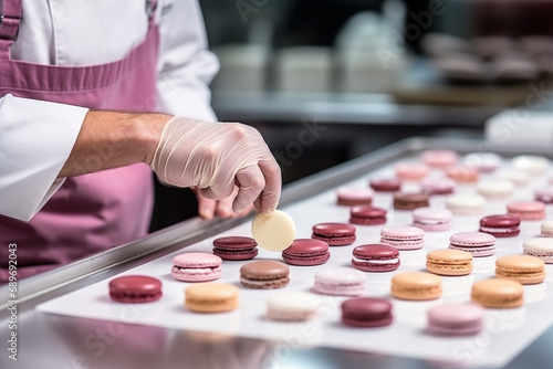 Pastry chef creating delicate macarons, leaving space for quotes on French pastry art