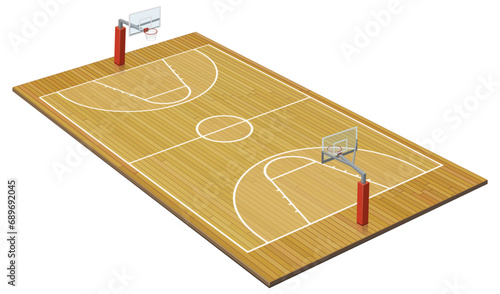 3D basketball court on a wooden parquet floor with its baskets (cut out)