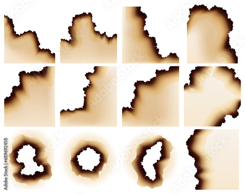 Burnt paper hole, page edges and corners. 3d vector with realistic fire flames, ashes and brown burns. Destroyed paper or parchment with cracked and dirty borders
