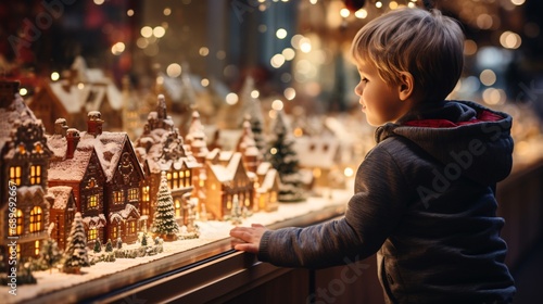 A young child fascinated by festive displays in a store window on a cold winter night, while a visitor observes holiday trinkets and decorations at a traditional Christmas fair. photo