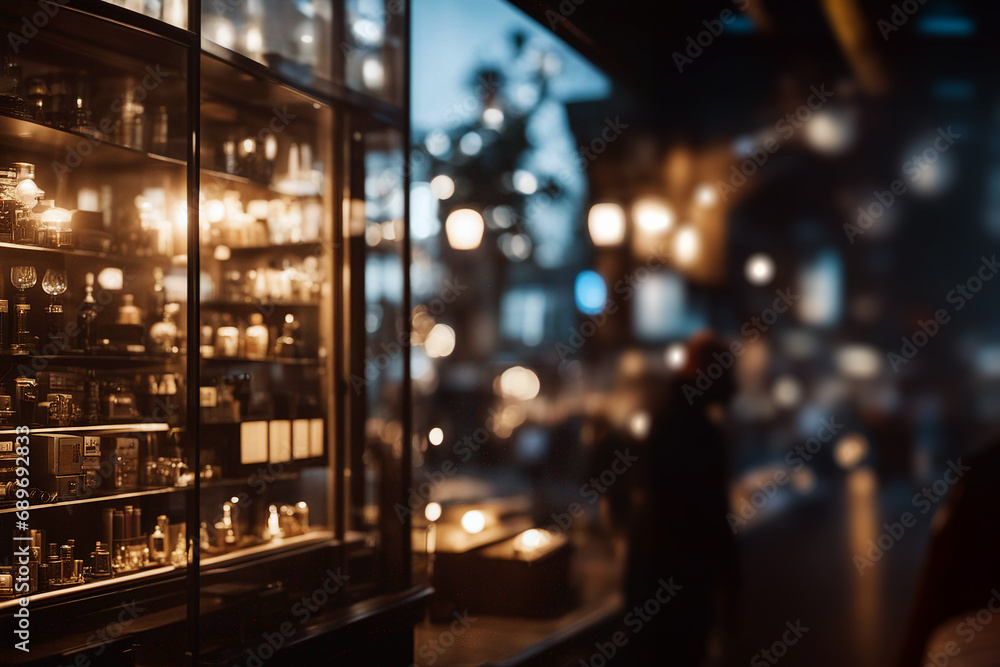 Shop window. Store showcase. Glare in the store window. Bokeh effect. Selective focus. AI generated