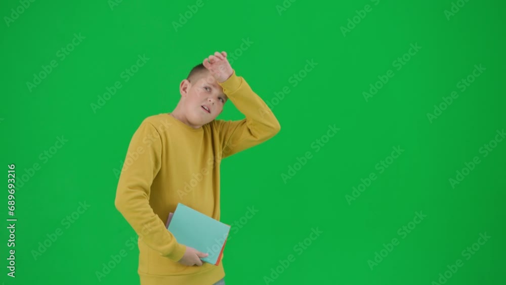 Portrait of boy on chroma key green screen. Schoolboy in casual holding book and running, being late to school, wiping forehead Middle shot. Portrait of boy on chroma key green screen. Schoolboy in casual holding book and running, being late to school, wiping forehead Middle shot.