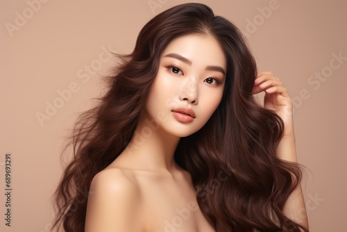 A youthful, attractive Asian woman with wavy, lengthy hair and a Korean-inspired makeup look caresses her face.