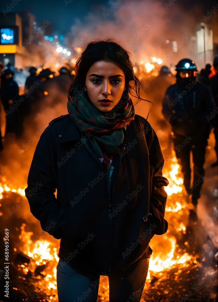 firewoman in the fire dark aesthetic photo, an Iranian girl amidst a chaotic street protest in Tehran, The scene is filled with tension and unrest, as flames from fire flares illuminate the night sky 