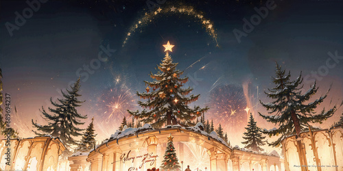 Christmas tree on the background of the night sky. Fireworks in the sky. New Year's banner photo