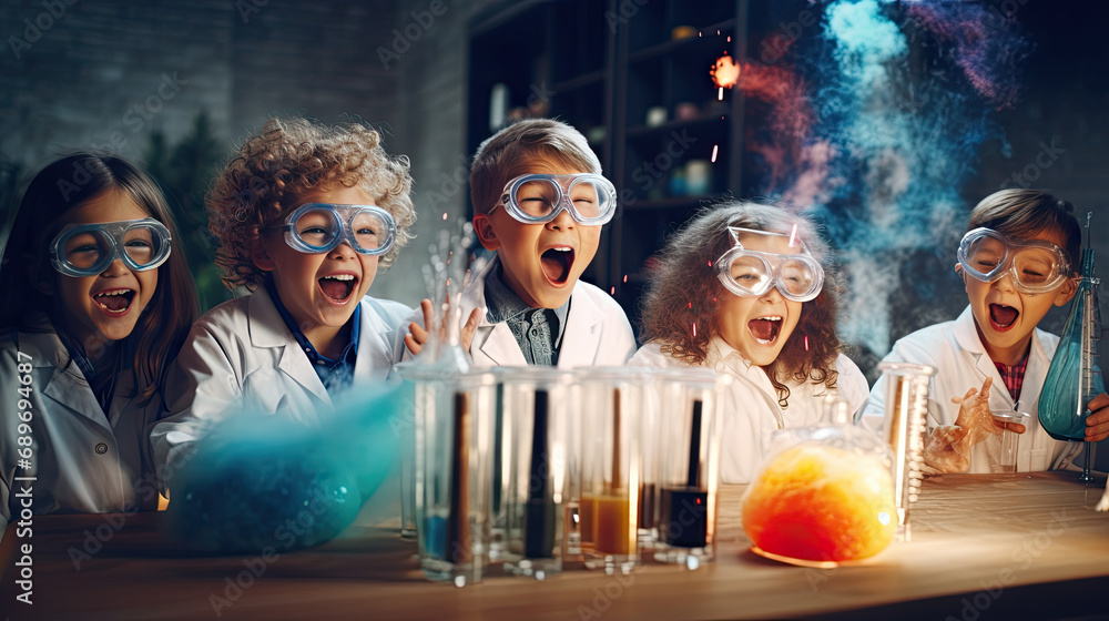 kids science testing in laboratory and surprise excite - obrazy, fototapety, plakaty 