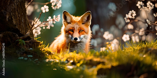 Background of a spring forest where a fox explores the world around him in search of prey. Generative AI