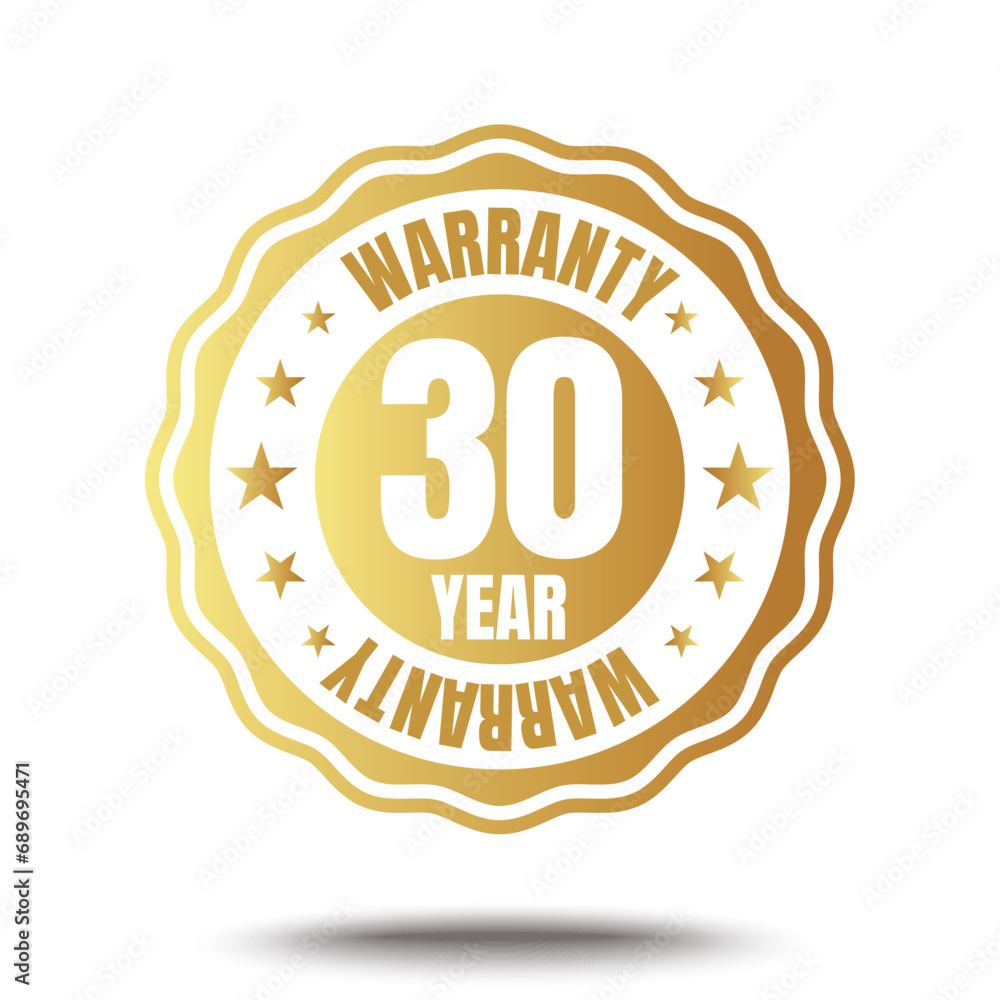 30 year warranty logo with golden shield and golden ribbon.Vector illustration.