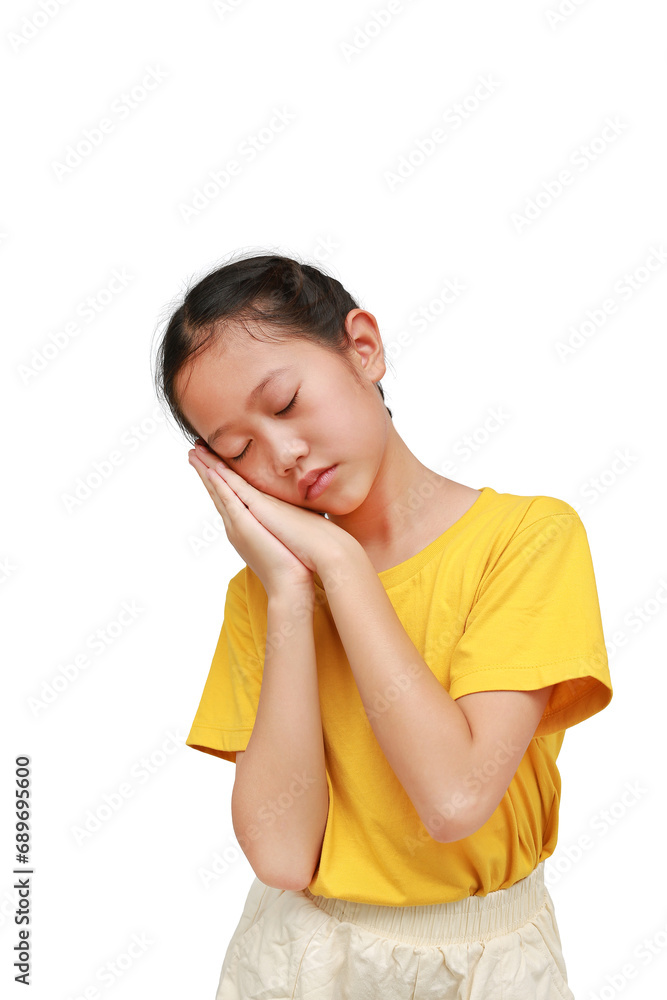 Portrait Asian girl child standing and making sleep gesture on white isolated studio background. Portrait Asian girl child standing and making sleep gesture on white isolated studio background.