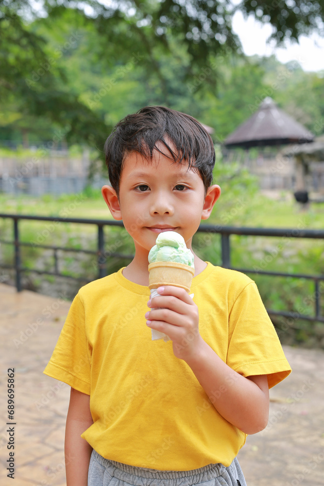 Asian little boy kid stands in the garden and eating ice cream.