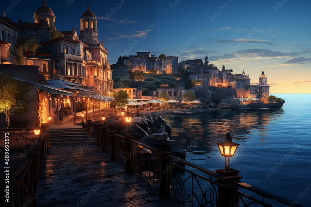 Obraz premium Twilight Charm: Evening View of Ancient Venice by the Water