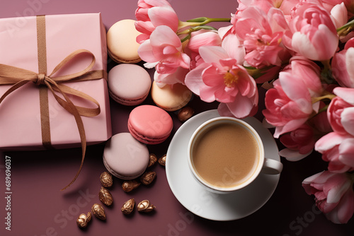 Romantic Coffee Moment: A Beautiful Breakfast Table with Coffee and Colorful Macarons and a Lovely Bouquet