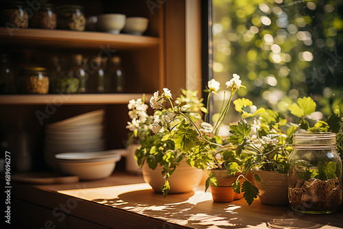 Bright and Colorful Floral Arrangement on a Sunny Windowsill  Stylish Kitchen Interior