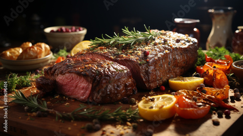 Closeup view of roasted beef brisket flat steak on a plate. Generative AI photo