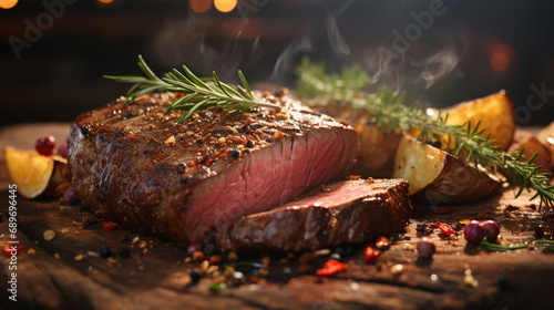 Closeup view of roasted beef brisket flat steak on a plate. Generative AI photo